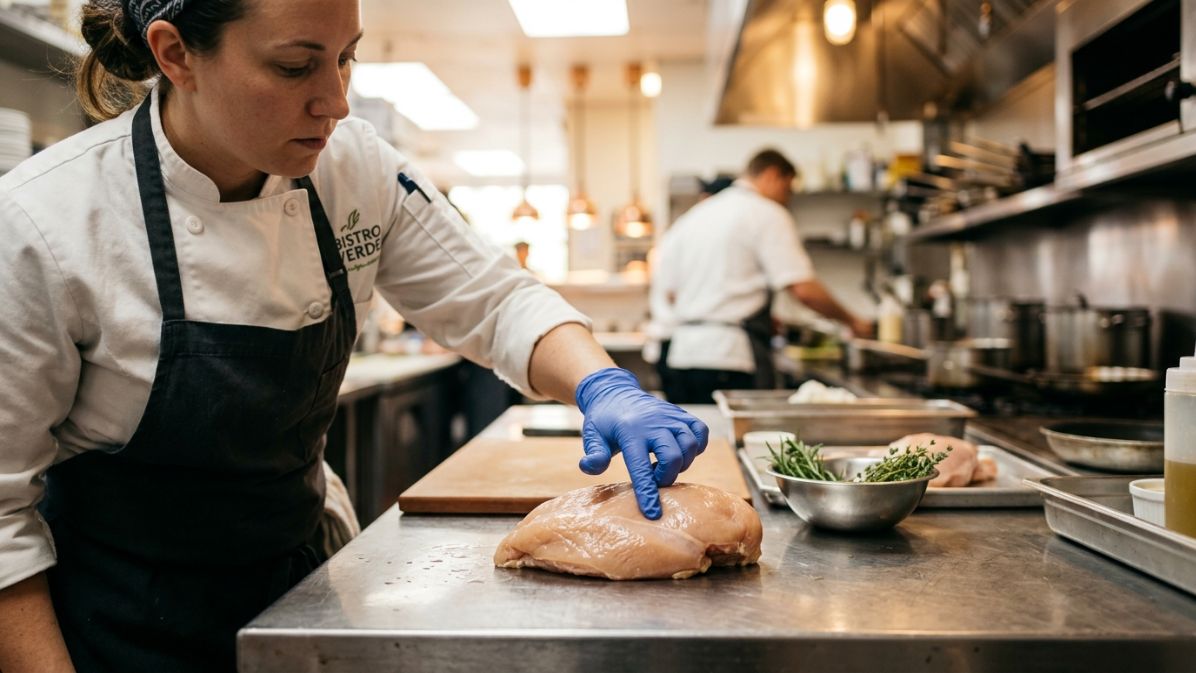 Chef inspecting fresh frozen chicken breast for texture and quality