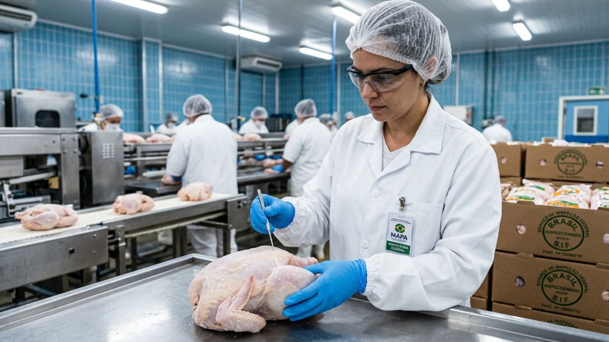 Brazilian SIF inspector grading frozen chicken for export quality