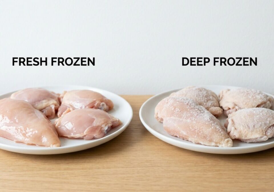 Fresh frozen vs deep frozen chicken comparison showing differences in appearance