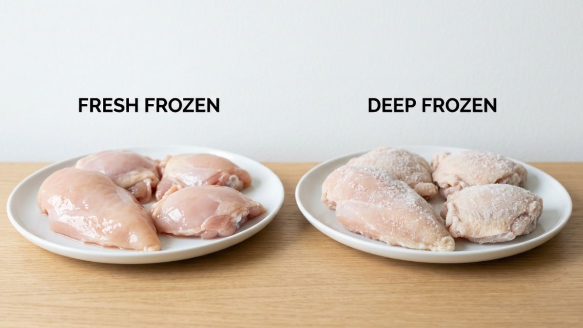 Fresh frozen vs deep frozen chicken comparison showing differences in appearance