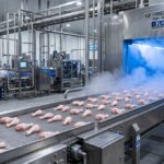 IQF freezing tunnel processing chicken drumsticks at -38°C in a poultry processing facility