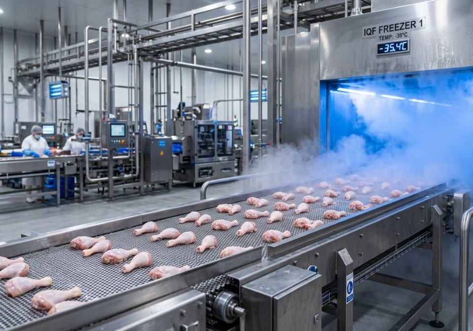 IQF freezing tunnel processing chicken drumsticks at -38°C in a poultry processing facility