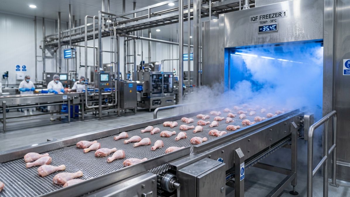IQF freezing tunnel processing chicken drumsticks at -38°C in a poultry processing facility