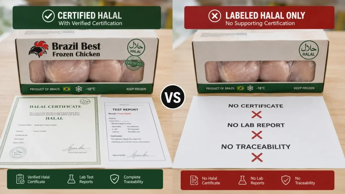 Comparison between halal-certified frozen chicken and halal-labelled poultry products.