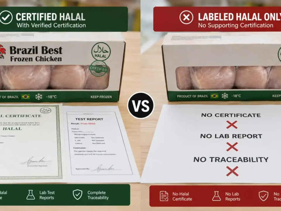 Comparison between halal-certified frozen chicken and halal-labelled poultry products.