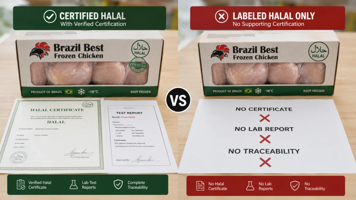 Comparison between halal-certified frozen chicken and halal-labelled poultry products.
