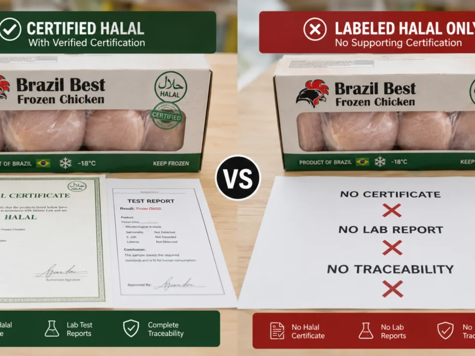 Comparison between halal-certified frozen chicken and halal-labelled poultry products.