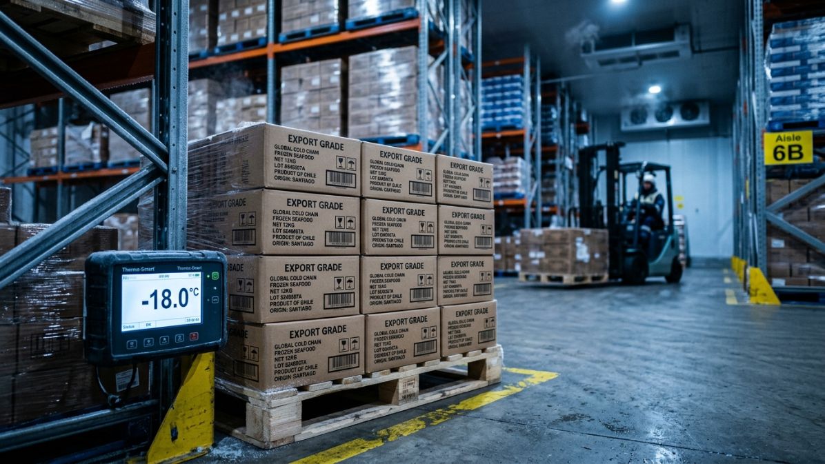 Export-grade frozen chicken stored at -18°C in a commercial cold storage warehouse