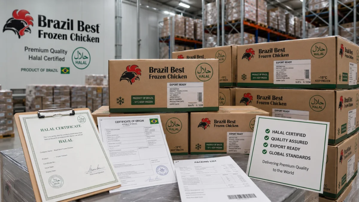 Export-ready halal-certified frozen chicken with complete documentation