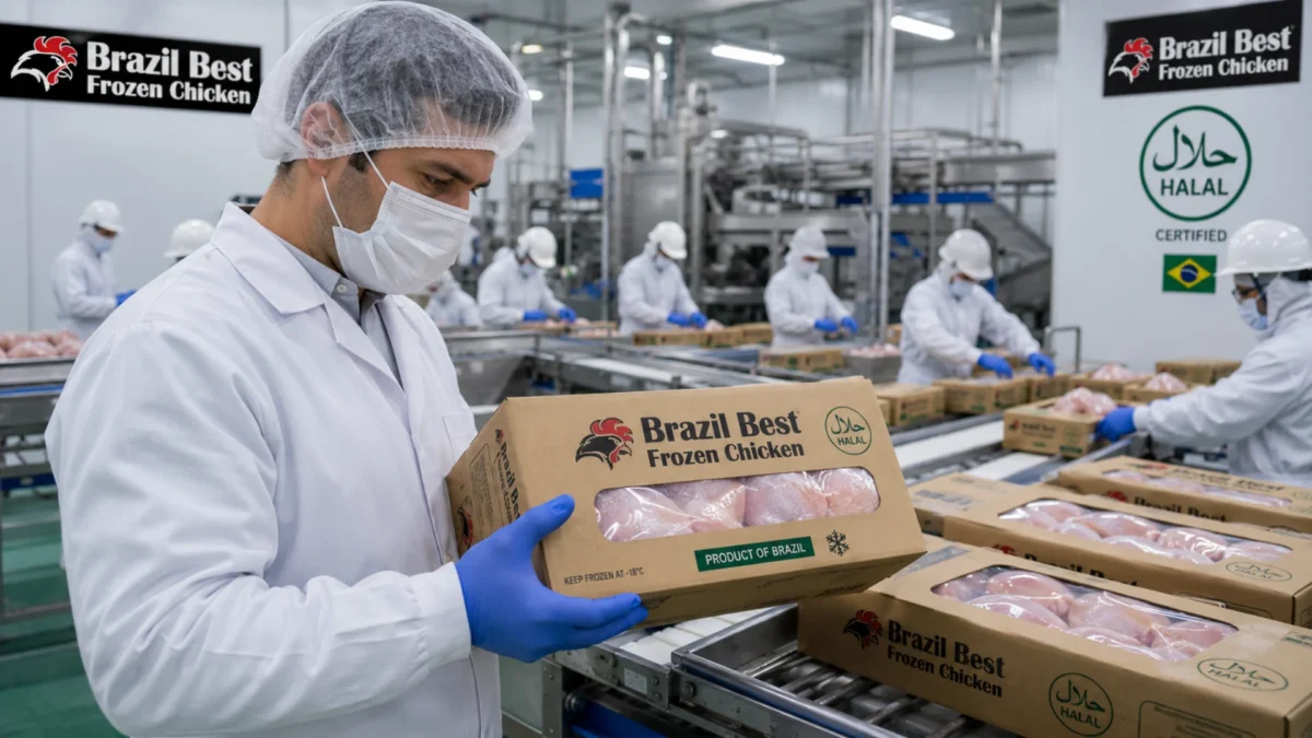 Halal-certified frozen chicken being processed and packaged in a Brazilian export facility.