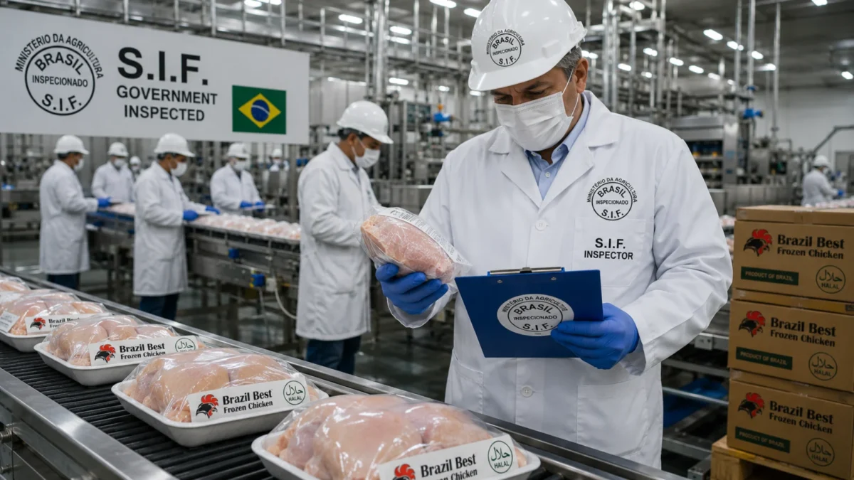 SIF inspector conducting poultry quality and safety inspection in Brazil.
